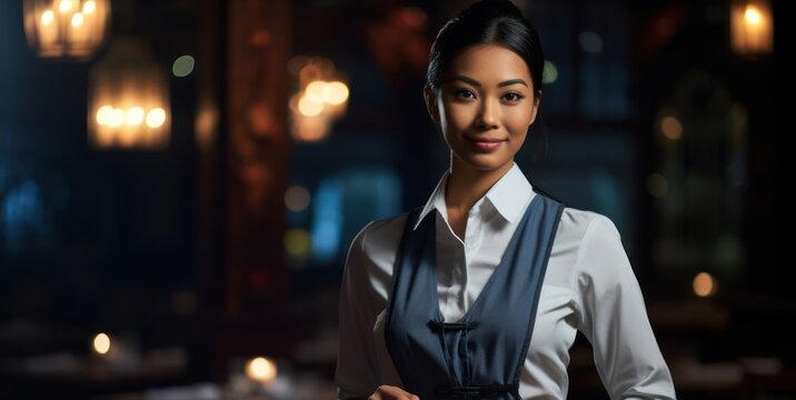 Asian Female Waiter Professional Background Generative AI
