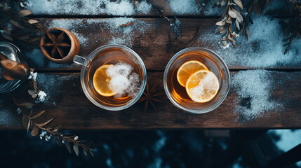 Fototapeta na wymiar Two cups of tea with lemon in the winter - AI Generated