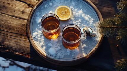 Two cups of tea with lemon in the winter - AI Generated