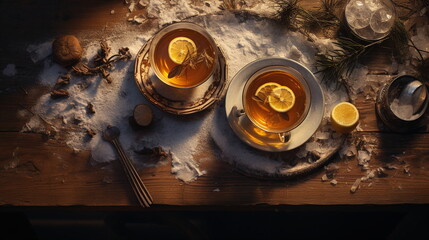 Two cups of tea with lemon in the winter - AI Generated
