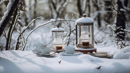 Three cups of tea in the snow - AI Generated
