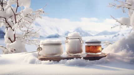 A jar of honey in the snow - AI Generated