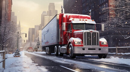 An American truck is driven in winter - AI Generated