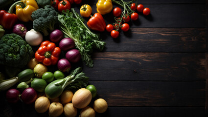 vegetables over black wooden table background. Backdrop with copy space. Top View