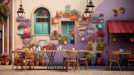 Craft an outdoor cafe scene where photorealistic wall mockups exhibit colorful travel destination posters.