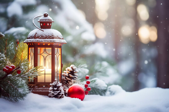 Christmas Lantern in the snow with pine cones and berries on a snowy bokeh background Christmas card image desktop background