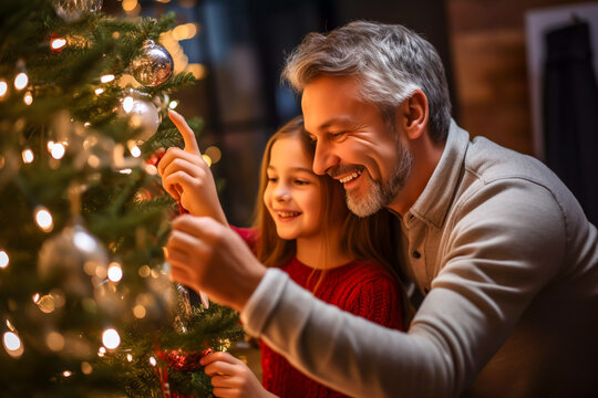 Father and daughter decorating the Christmas tree together hanging baubles and lights Christmas card image desktop wallpaper