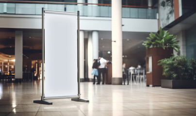 roll up mockup poster stand in an shopping center restaurant mall environment as poster stand banner design with blank empty copy space area - obrazy, fototapety, plakaty