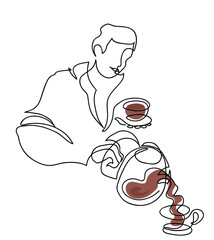 One line drawing of hold pot pour aroma coffee cup.
One continuous line drawing of man preparing coffee..