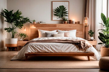 Sophisticated wooden bed in a minimalist, white setting.