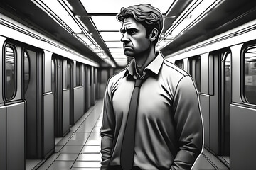 A detailed illustration of a lonely office worker who doesn't want to go to work on Monday, standing alone in the subway, with a serious face on his face. Generative AI