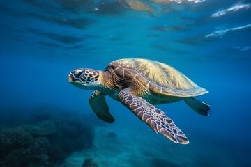 Obraz na płótnie Canvas Oceanic turtle gliding through blue waters. Exploring marine depths beside a sea turtle. Tropical holiday with vibrant sea backdrop. Generative AI