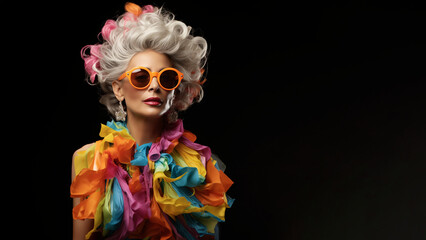 Reifere hübsche Model Frau mit grauen Haaren und bunten Designer Fashion Kleidung mit Popiger Sonnenbrille lacht im Querformat für Banner, ai generativ