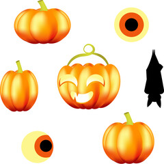 Halloween, flat vector artwork set, bat, moon, bat sets, bucket with eyes, pumpkins. EPS10