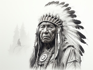 portrait of a indian chief, black and white pencil draw