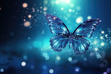 blue butterfly with sparkles shining on blue background Generative AI