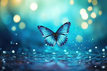 an image of a blue butterfly flying over sparkling water Generative AI