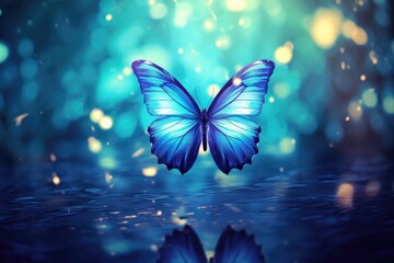 blue butterfly floating on waters with reflection Generative AI