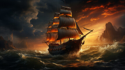 Pirate ship in the storm