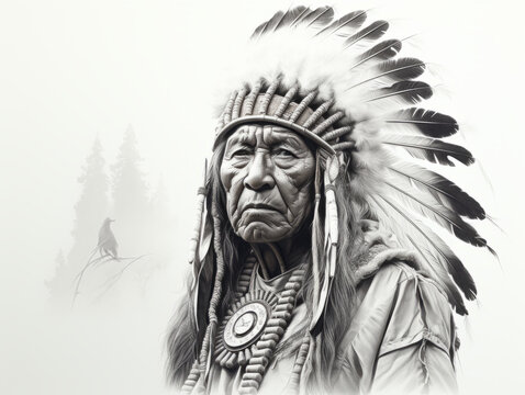 portrait of a indian chief, black and white pencil draw