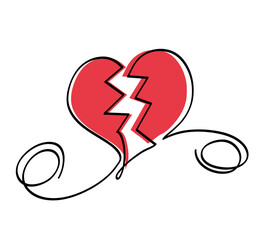 One line drawing of broken heart and wedding rings.
One continuous line drawing of divorce concept.