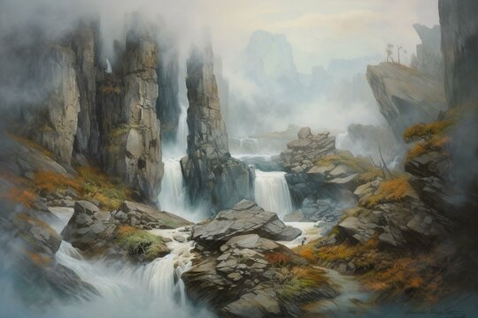 A painting of a waterfall in a rocky landscape with a river, cliff, fog, and mist. Generative AI