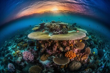 A majestic and colorful underwater world with glowing corals and friendly secreatures at sunset, captured in a stunning aerial view with a touch of fantasy, showcasing breathtaking. Generative AI
