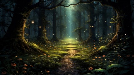Darkened forest pathway illuminated only by the faint glow of fireflies.