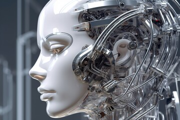 Fototapeta premium Cyborg female. Cyborg head. Cybernetic organism. Mechanical robot. Future technologies. Artificial intelligence.