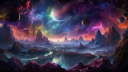 Obraz na płótnie Canvas Design a cosmic dreamscape where vibrant starscapes and nebulous galaxies converge in a cosmic symphony.