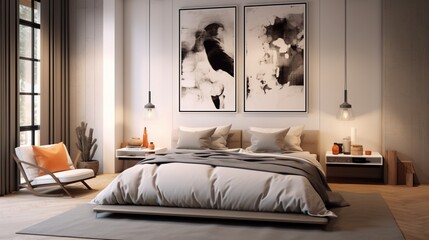 Design a cozy bedroom interior with a framed poster above the bed, highlighting your creative talent.
