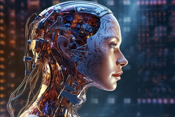 Cyborg female. Cyborg head. Cybernetic organism. Mechanical robot. Future technologies. Artificial intelligence.