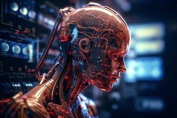 Fototapeta na wymiar Cyborg female. Cyborg head. Cybernetic organism. Mechanical robot. Future technologies. Artificial intelligence.