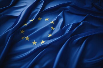 Satin European Union flag waving in the wind. Generative Ai - obrazy, fototapety, plakaty