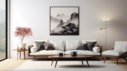 Design a minimalist living room interior with an elegant frame showcasing your poster art.