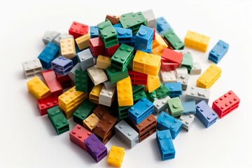 Top view of a colorful stack of plastic toy bricks on a white background, representing childhood education and construction. Generative AI