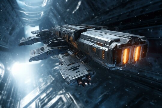 Damaged metal spacecraft hovers above bridge in space, with cryo chamber in abandoned sci-fi interior. Assault fighter. 3D illustration. Generative AI