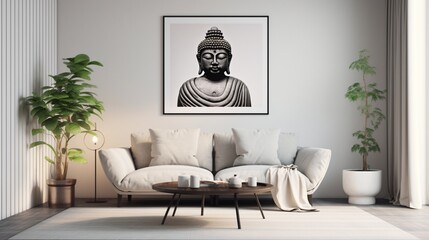 Design a minimalist living room interior with an elegant frame showcasing your poster art.