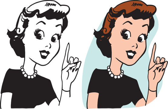 A vintage retro cartoon of a woman pointing up.