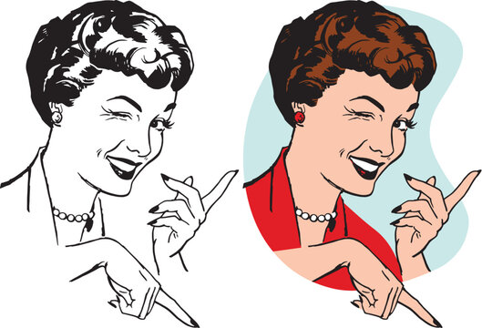 A vintage retro illustration of an attractive woman pointing in two directions. 