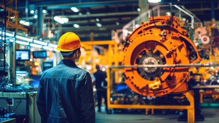 Fototapeta premium An expansive industrial facility, an amalgamation of technology and design. Modern machinery hums with activity as workers operate, showcasing advanced manufacturing.