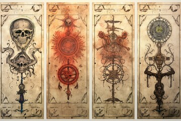 Symbols of alchemy and magic on ancient scrolls  - obrazy, fototapety, plakaty