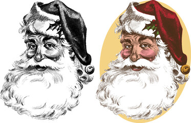 A vintage retro illustration of a portrait of jolly old Saint Nick, Santa Claus.