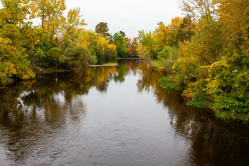 Fototapeta na wymiar Stream going under a bridge through a colorful forest in Merril, Wisconsin