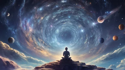 Rolgordijnen Spiritual journey through the cosmos, with a meditator at the center, exploring the mysteries of the universe through introspection. © CG Pixel_Stock