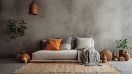 Design of a modern home interior in a cozy bohemian style. In front of a concrete wall, a sofa, pillows, houseplants, rugs, and ornaments. - obrazy, fototapety, plakaty