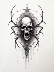 Deer Skull Antlers Skeleton Halloween Dare Pattern of Dried Plants Flowers Grass Branches Tattoo Print Stamp