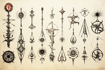 Symbols of alchemy and magic on ancient scrolls 