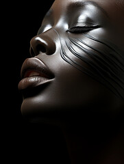 Wunderschönes Gesicht einer Afroamerikanischen Frau mit grandiosen Make up für Kosmetik als Poster Nahaufnahme, ai generativ