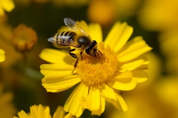 Bee pollinating yellow flower. Generative AI